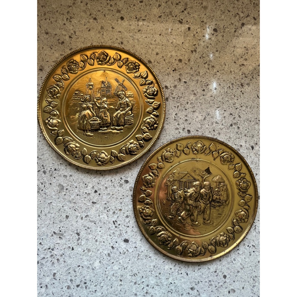 Elpec England Embossed Brass Wall Hanging Plates Pair Dutch Scenes Rose